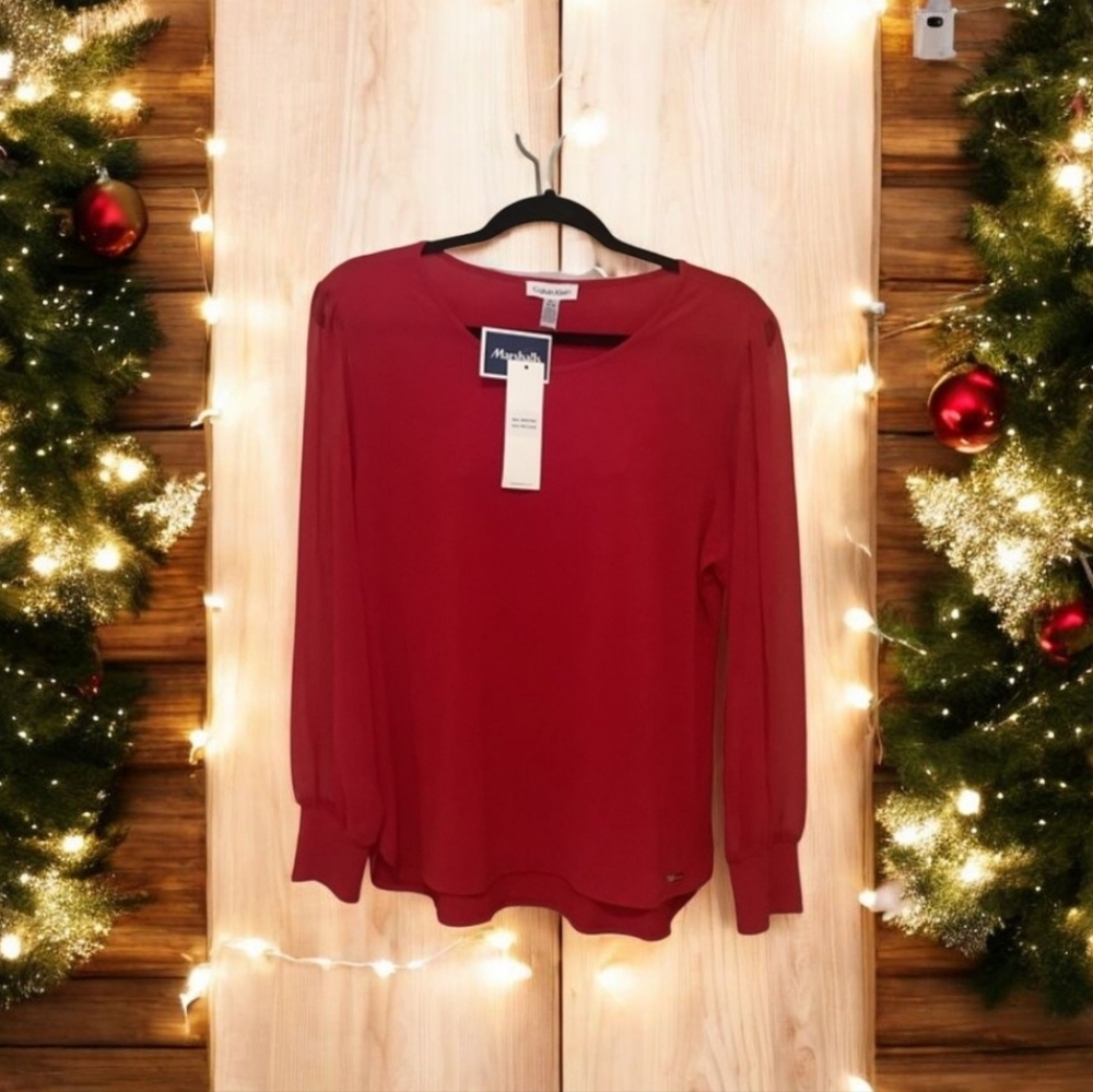 CALVIN Klein shirt sheer sleeves bright red stretchy NWT medium long sleeves. 🌹